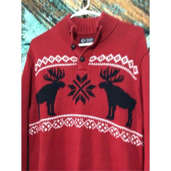 Chaps Moose Print 🫎 Sweater Red White Size Medium 3 Buttons Front ~ Beautiful S - Picture 2 of 12